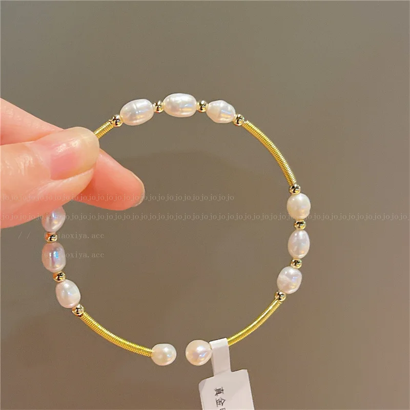 White Simulated Pearl Bangle For Women Girl Gold Color Small Adjustable Open Cuff Bracelet Fashion Accessories Gift