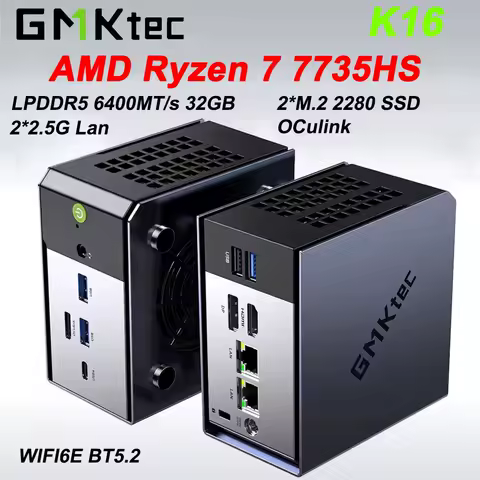 GMKtec K16 AMD Ryzen 7 7735HS Mini PC LPDDR5 6400MT/s 32GB M.2 2280 SSD 2*2.5G LAN USB4 WiFi6E BT5.2 MINI PC Gamer Computer