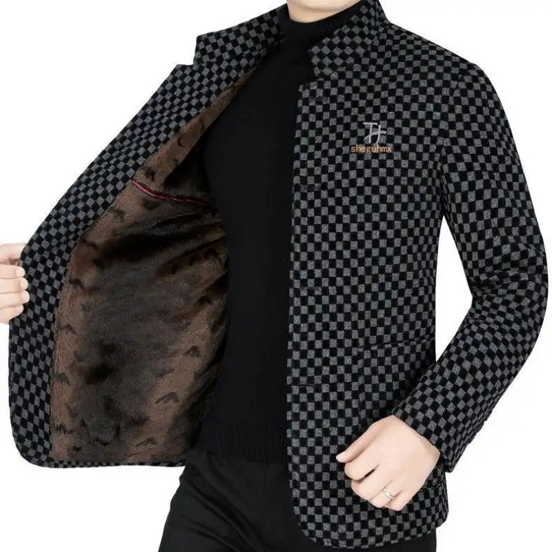 Winter Woolen Jacket for Men With Thick Fleece Trendy Checkered Warm Jacket Stand Collar Coat with Pockets