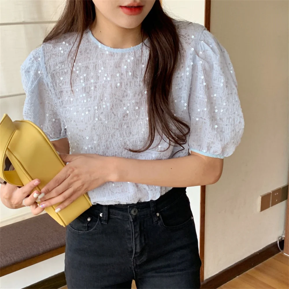 

Elegant Women Blue Shirts Tops Sequins Hollow Out Office Lady Chic New OL All Match Sweet Summer Casual Blouses Puff Sleeve