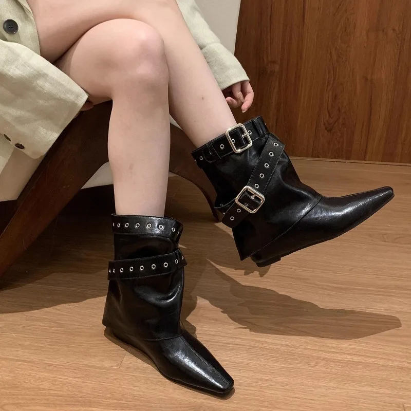 Belt Buckle Sleeve Low Heel Boots 2025 Fashion Pointed Toe Rivet Soft Sole Anti-Slip Wear-Resistant Booties view 2