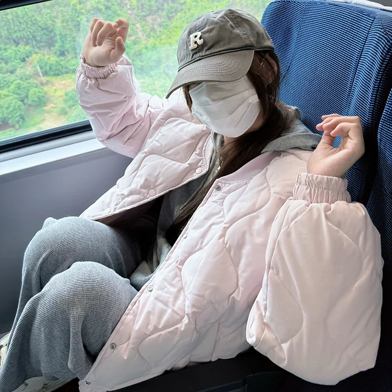 

Зимняя утолщенная женская куртка-пуховик с ромбовидным узором, светло-фиолетовая, повседневная, свободная посадка, универсальный хлопковый пуховик для маленькой фигуры