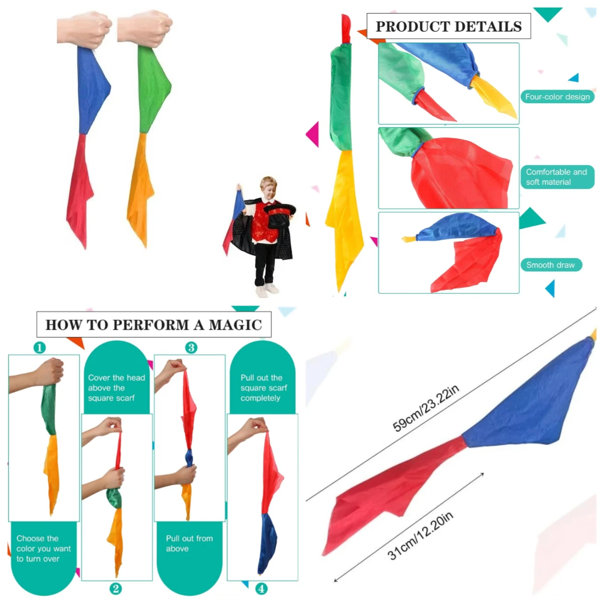 2pcs Magic Scarves Change Color Silk Scarf Magic Trick Silk Magic Props Magician Accessories Gift for Kids Adult Party Favors