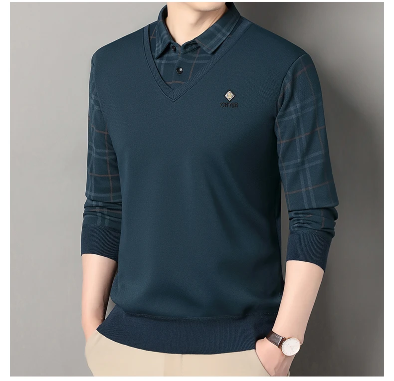 Herren Plaid Pullover Fleece Pullover Slim Fit Elegante Luxus Marke Gefälschte Zwei Stücke Gestrickte Pullover – Detail 8