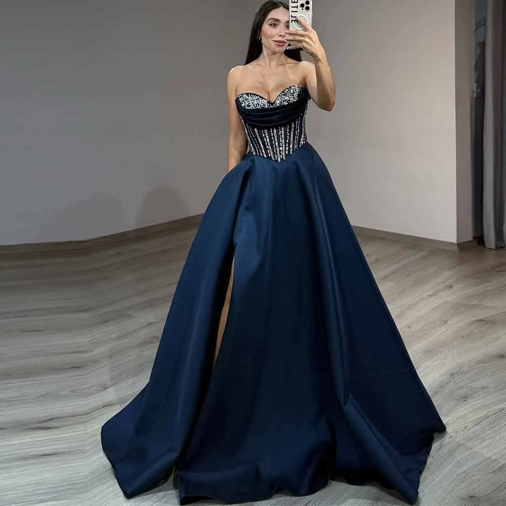 

Luxury Women's Evening Ball Gowns Satin A-line Birthday Dress Navy Blue Sweetheart Draped Side Split Ruched Rhinestone Prom Gown