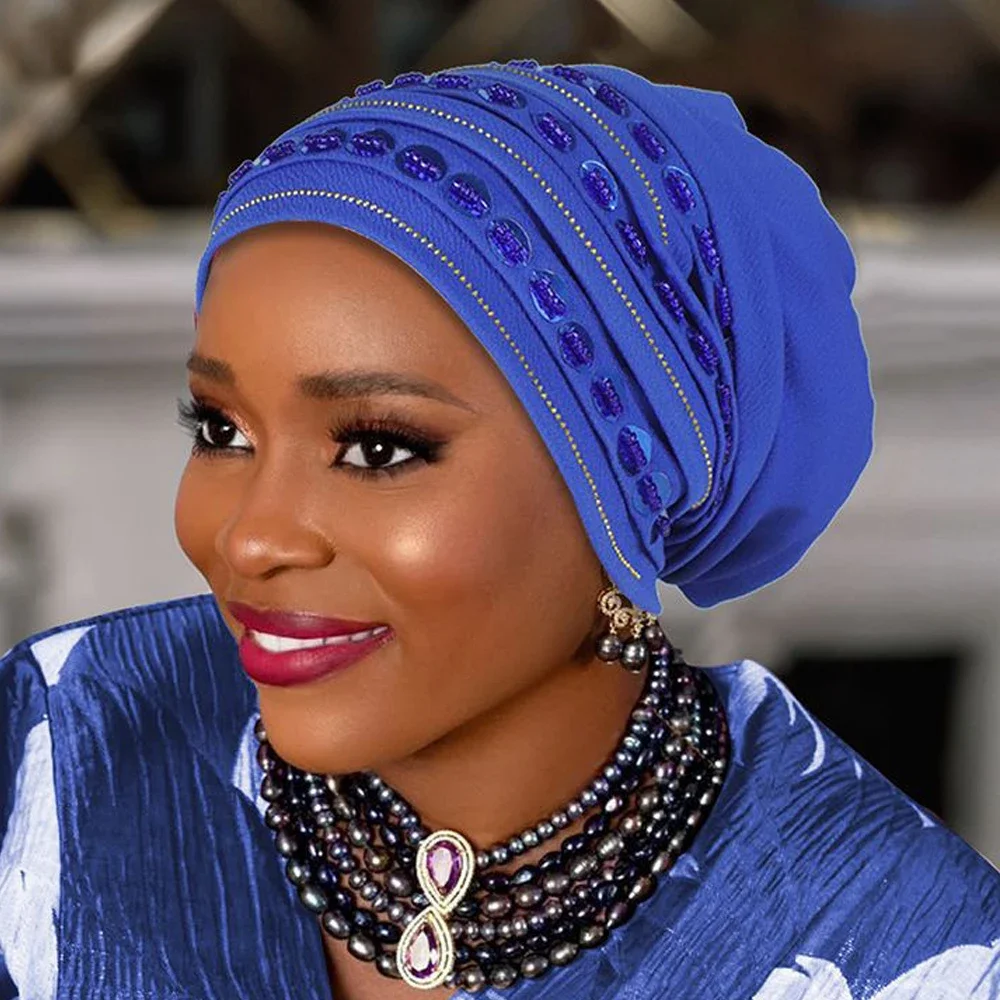 

Luxury Diamonds Turban Cap African Auto Gele Headties Women Muslim Hijab Bonnet Headscarf Nigeria Geles Wedding Hat Head Wrap