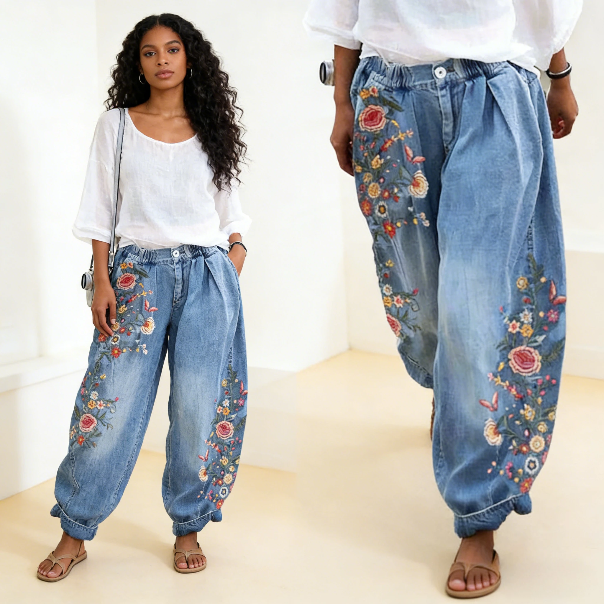 

Women Denim Jeans Bloomers 2026 Streetwear Print Pants Washed Distressed Elastic Waist Button Vintage Ankle Length Trousers