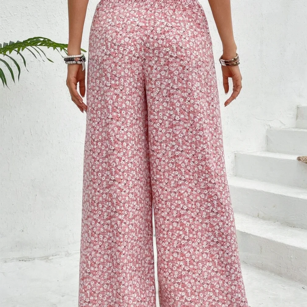 Summer Womens Floral Wide Leg Culottes High Waist Loose Casual Pants Side Split Elegant Beach Trousers Streetwear Trendy