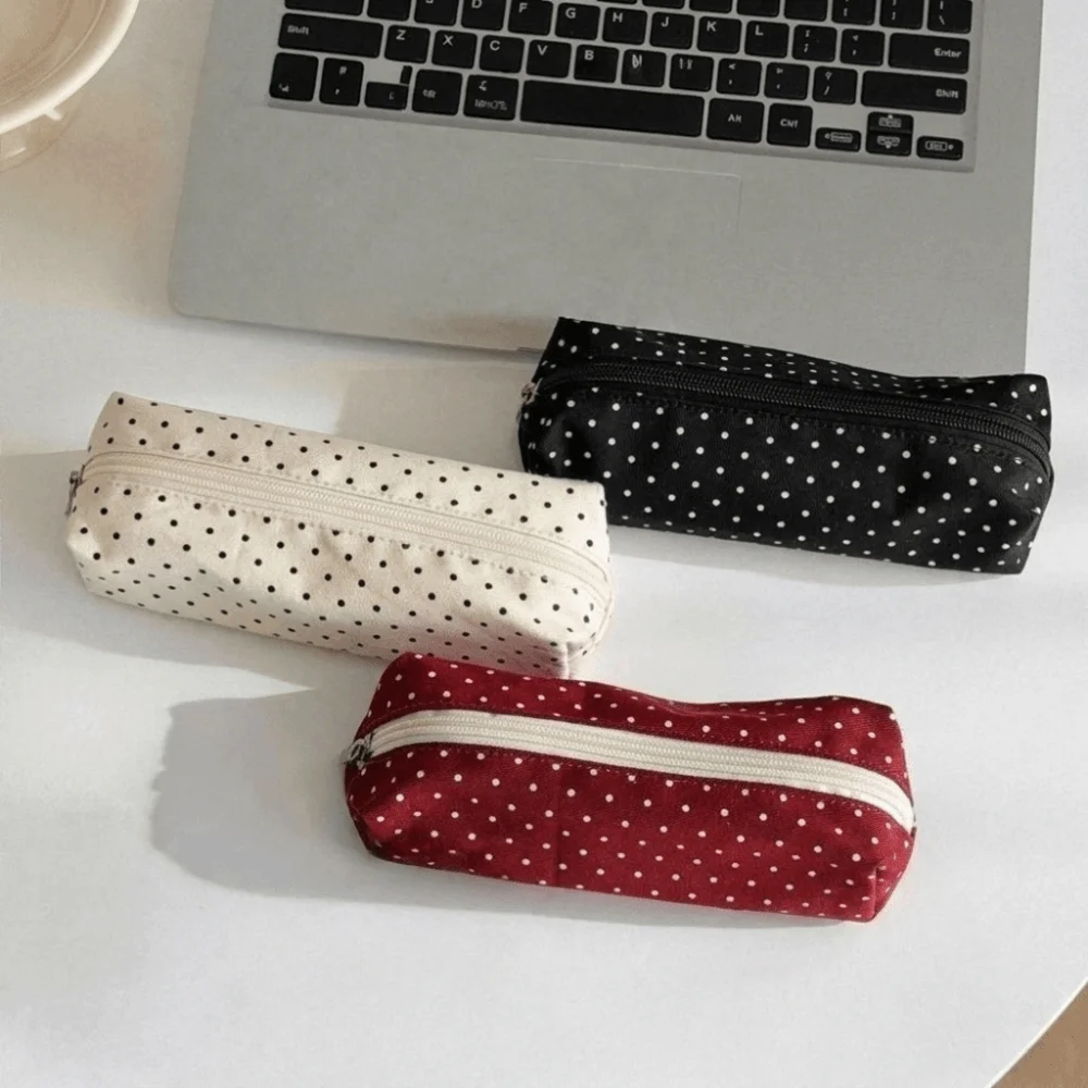 Simple Y2k Polka Dot Pencil Case Desktop Storage Large Capacity Pen Bag Canvas Multi-functional Pencil Pouch Kids