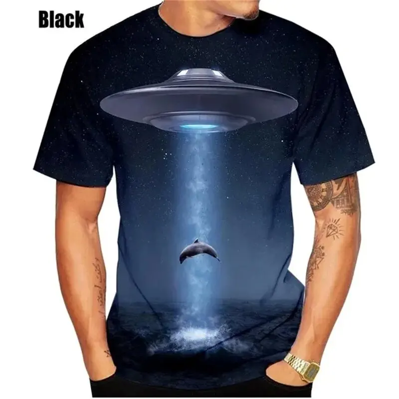 Nave espacial masculina com gola redonda camiseta de manga curta, blusa esportiva casual, nova moda verão, plus size