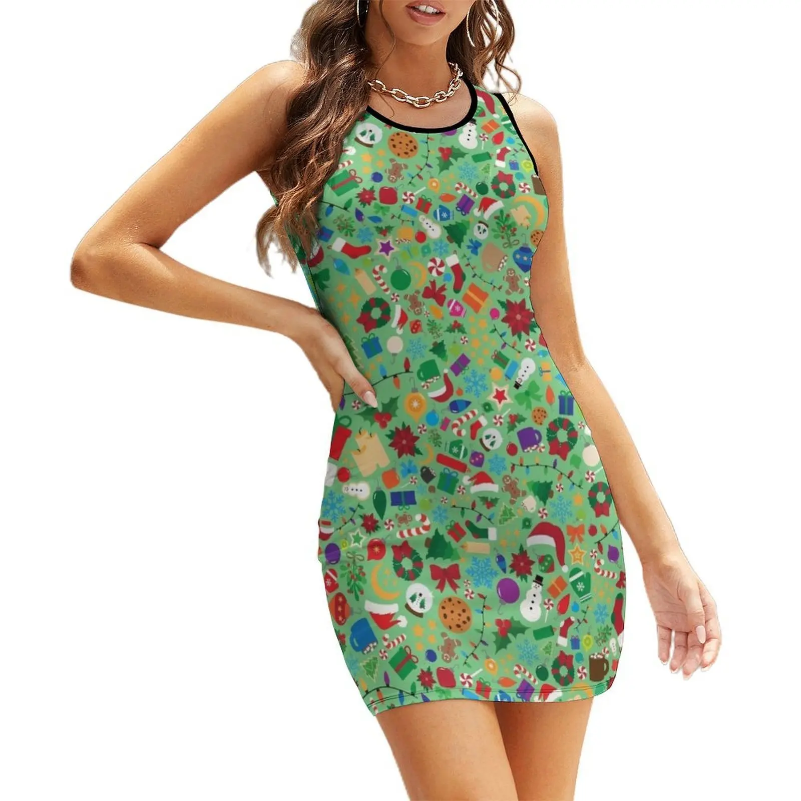 

Green Christmas Pattern Sleeveless Sundress beach outfits for women ladies dresses for women 2025 women dresses