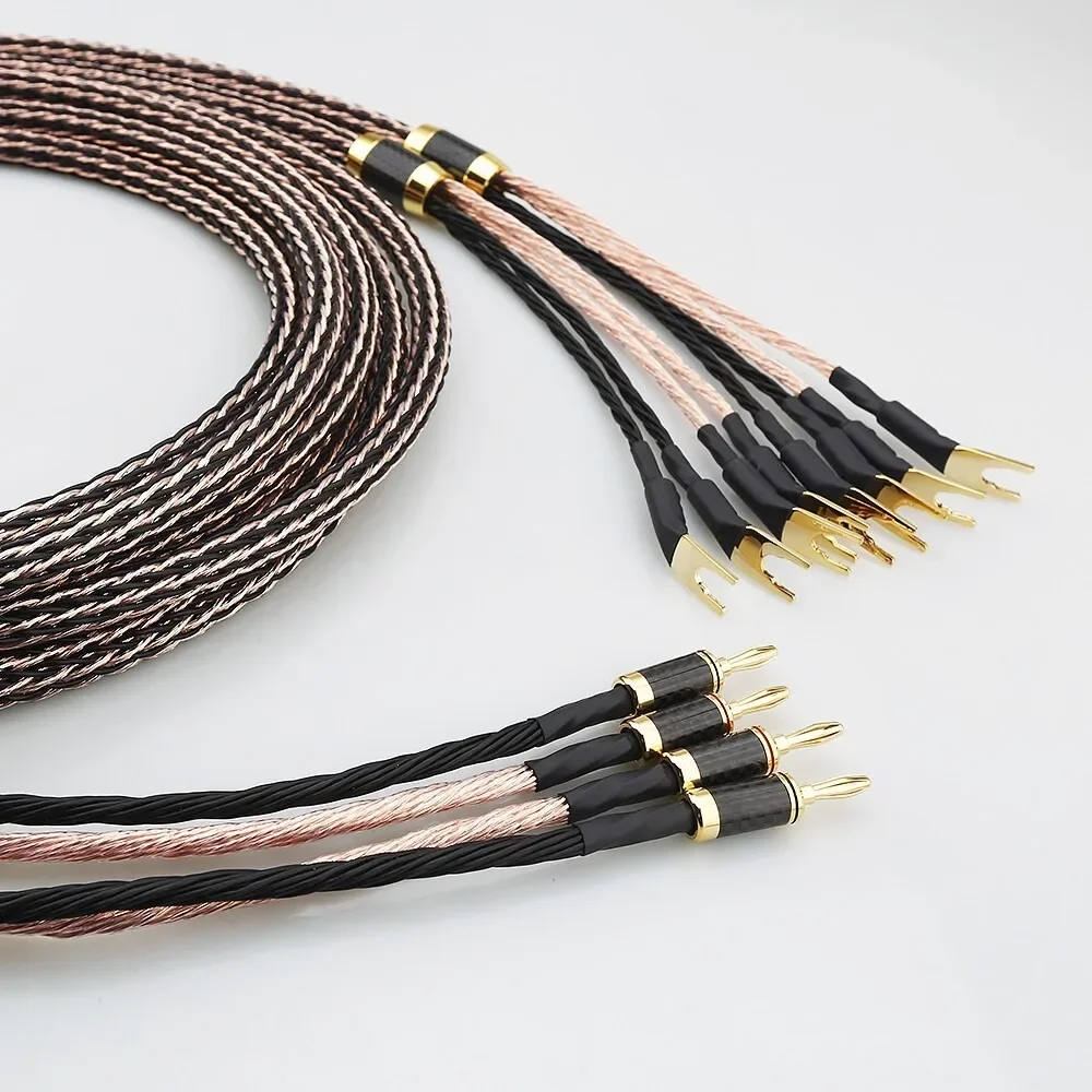 7N OCC Audio 2-zu-4-Lautsprecherkabel mit Kohlefaser-Ummantelung, Anti-Rausch-Bananenstecker auf Y-Spade-Stecker für Heimkino-Audiophilesysteme – Detail 3