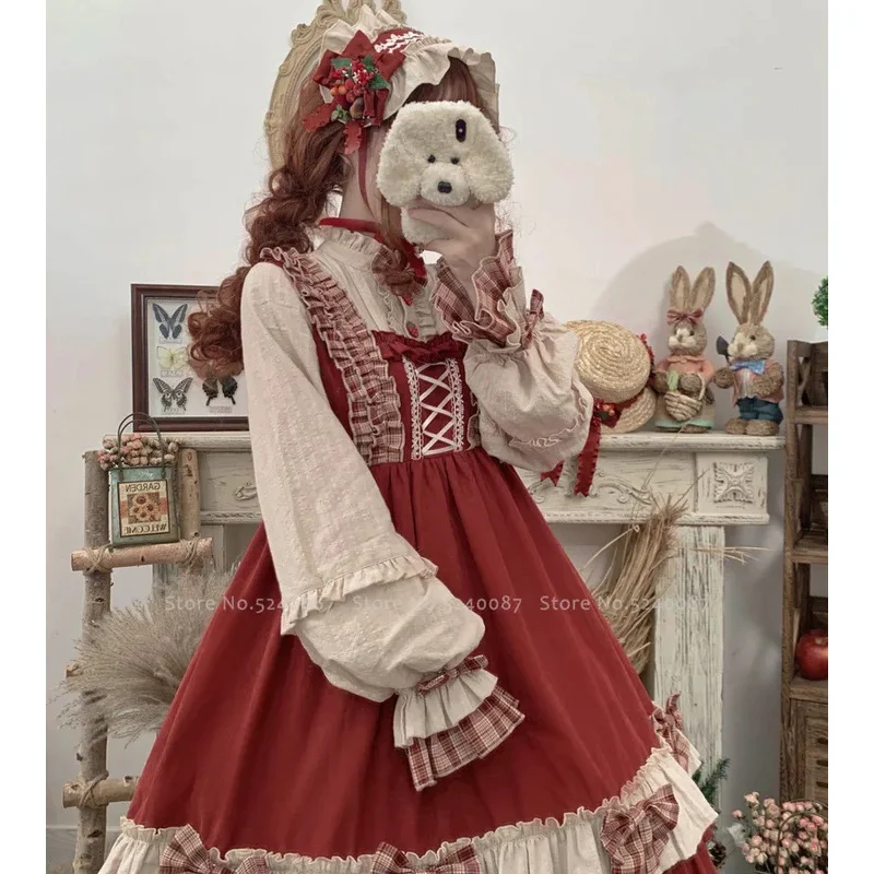 Japanse Anime Lolita Prinses Elf Jurk Bessen Meisjes Strik Geruit Paleis Cosplay Kostuums Carnaval Feest Strips Outfits