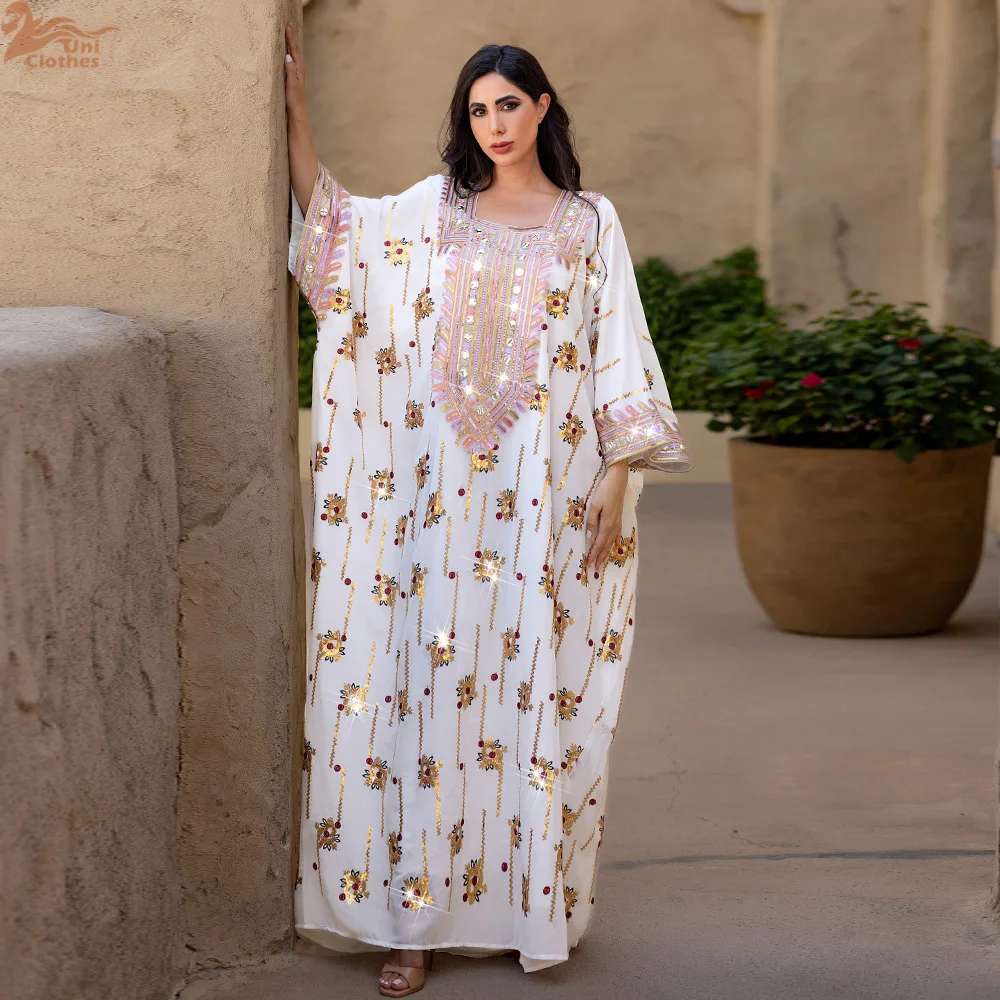 

2025 стильное платье Дубай Абая, арабский кафтан Джалабия с вышивкой и блестками, свободный крой, Рамадан Ид, исламская вечерняя одежда