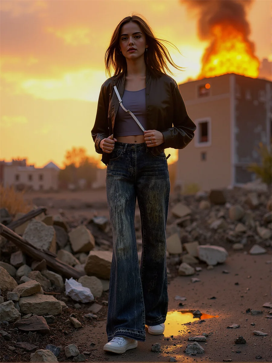 Flared Distressed Jeans Pants For Woman Denim Women Clothes Washed Loose Casual Streetwears Ins Vintage Retro Versatile Lace-Up