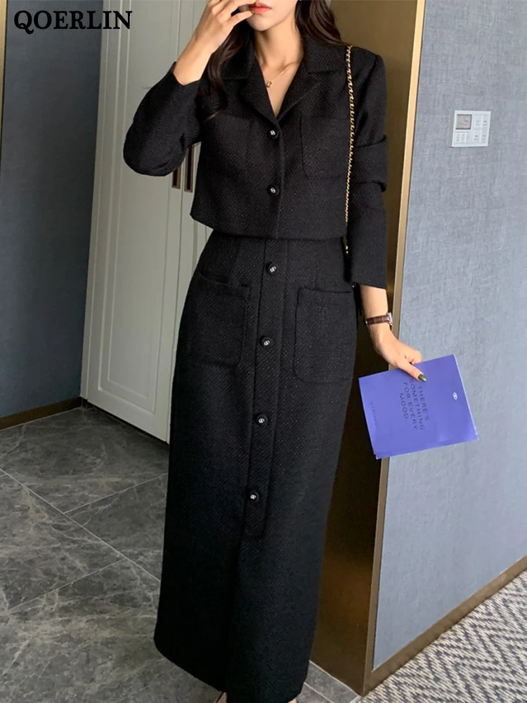 QOERLIN Stylish Two 2 Piece Sets Women Outfits Tweed Skirt Blazer Suits Elegant Casual Short Jacket Coat High Waist Zipper Skirt