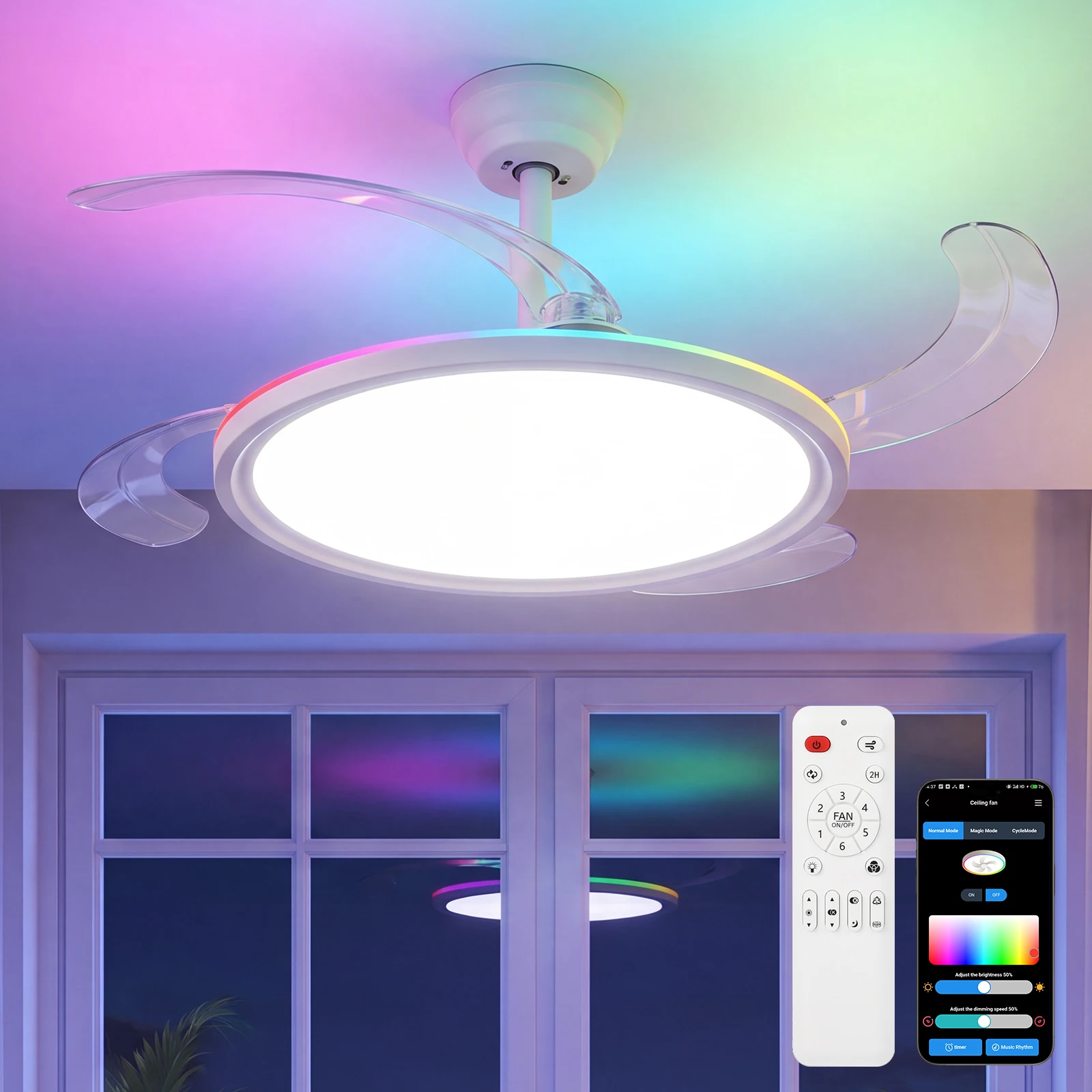 AUSVERKAUFT - NICHT BESTELLEN |   50cm Ultraflacher Deckenventilator mit Beleuchtung, RGB CCT Dimmbare Ventilatorlampe, Fernbedienung per App, Umkehrbare Flügel