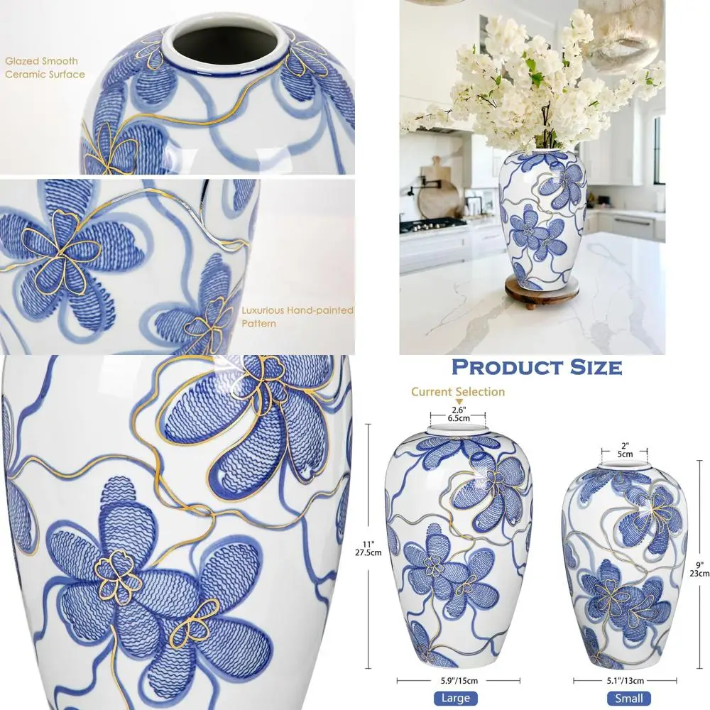 

Hand-Painted Porcelain Flower Vase with Gold Accents - 11 Chinoiserie-Inspired Decor for Home - Table, Shelf, Mantel
