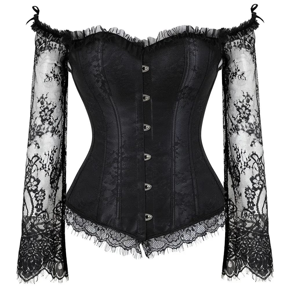 

Vintage Corsets Top Sexy Lace Long Sleeves off Shoulder Plus Size Erotic Floral Women Bustier Corset Overbust Corselet Burlesque