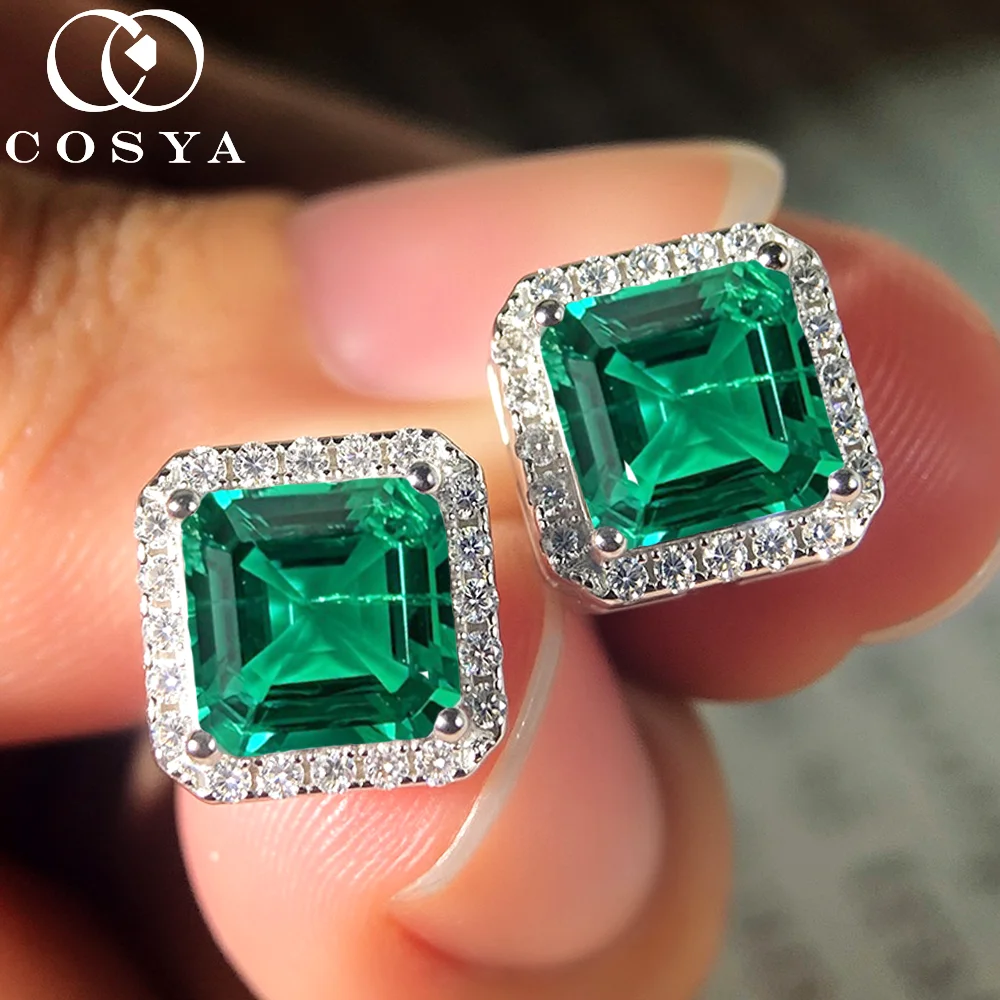 

Серьги COSYA с изумрудами, выращенными в лаборатории, 4 карата, огранка Ашер, колумбийские/замбийские, для женщин, 100% серебро S925, с ореолом, свадебные, изысканные ювелирные изделия, подарки