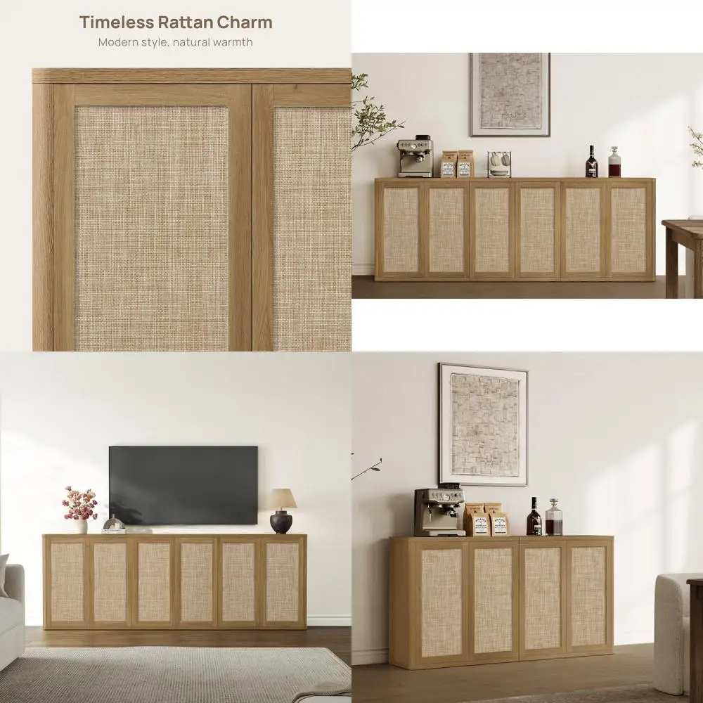 

Rattan Sideboard Buet ole Table - 95” Larger ular Crza Stand, 3 Pieces Boho Coee Bar Cabinet with Storage & Adjustable Shelves o