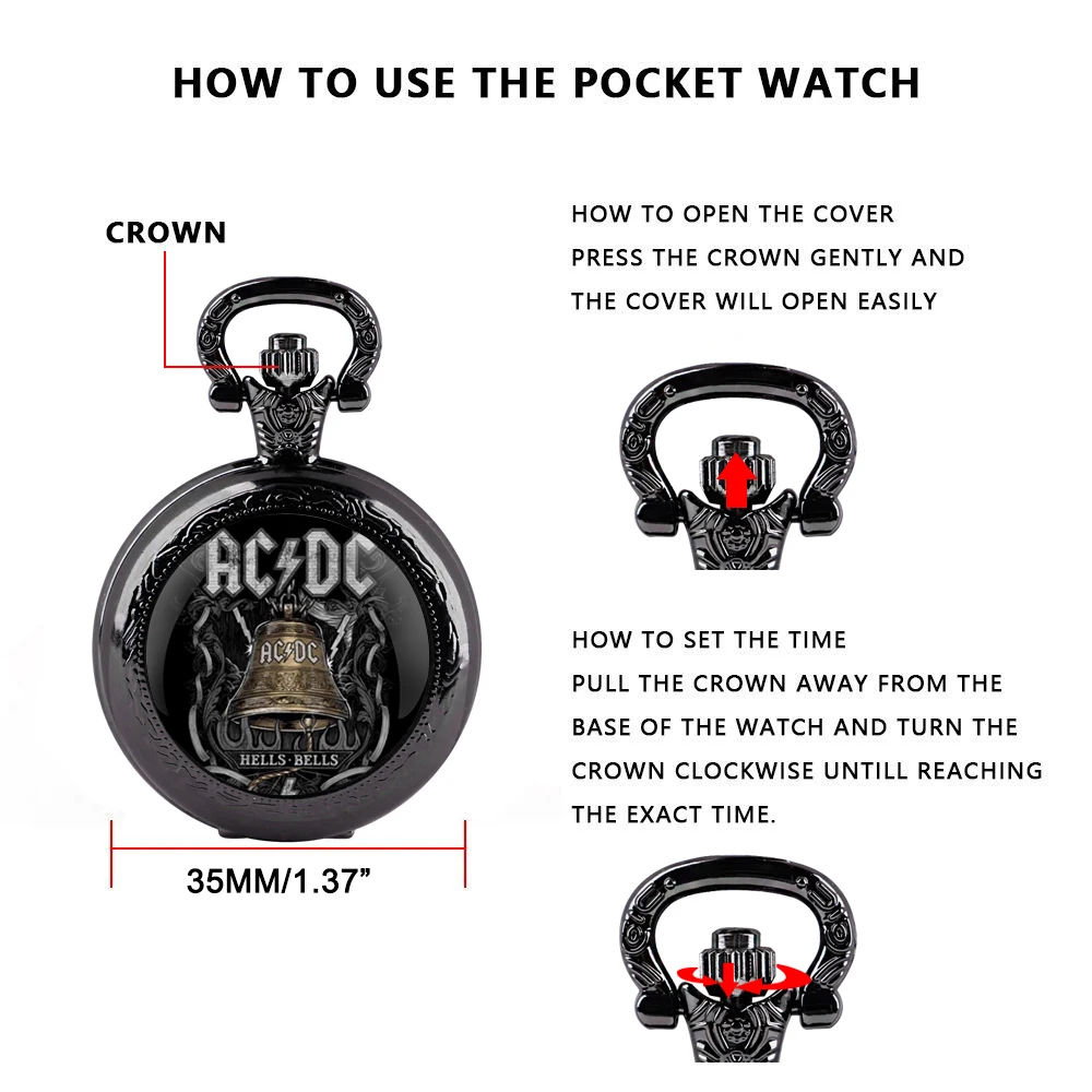 AC and DC Rock Band Logo Black Stainless Steel Quartz Pocket Watch Necklace Women Men Steampunk Clock Pendant Chain Children