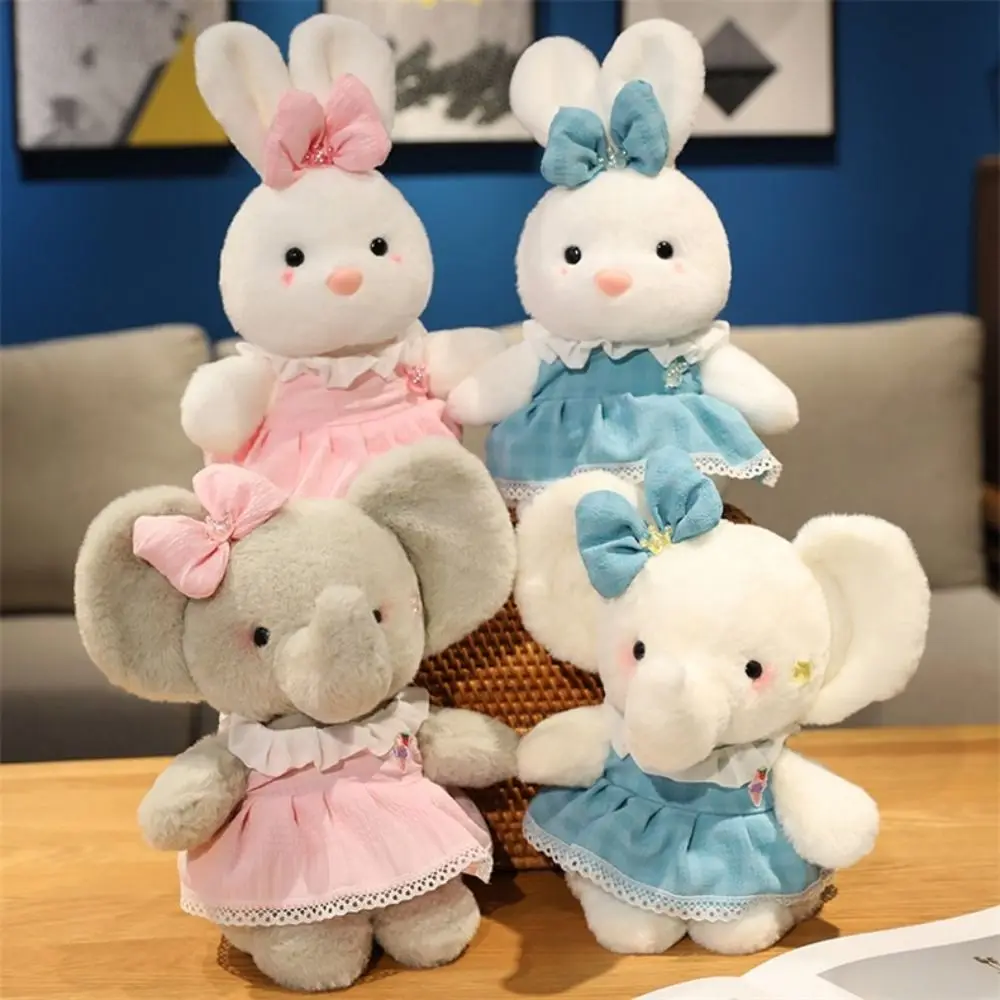 

Ношение кружевного платья с бантом, игрушки с мультяшным кроликом, довольно мягкая, элегантная, мягкая, пушистая кукла, милая, милая, кукла со слоном, детская