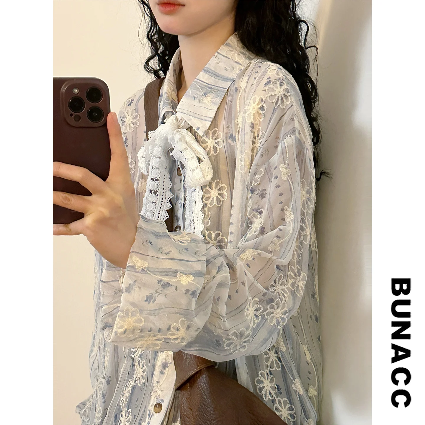 

Spring 2026 Women's Loose Long Sve Lace Embroidery irt Breathable Sweet Sle Casual Collar Button up Top