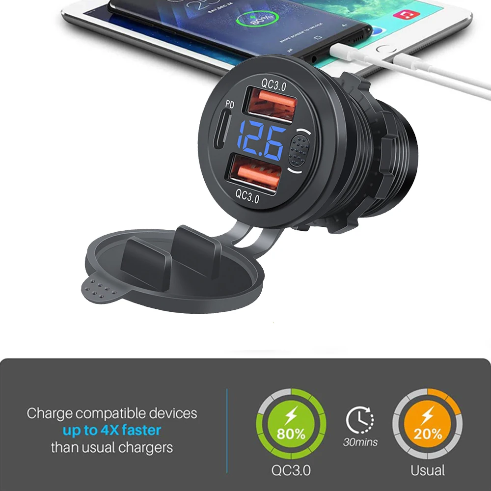 100W USB Car Charger Socket PD3.0 & QC3.0 3 Ports Waterproof with LED Voltmeter Touch Switch Fast Charging Car Moto Adapter