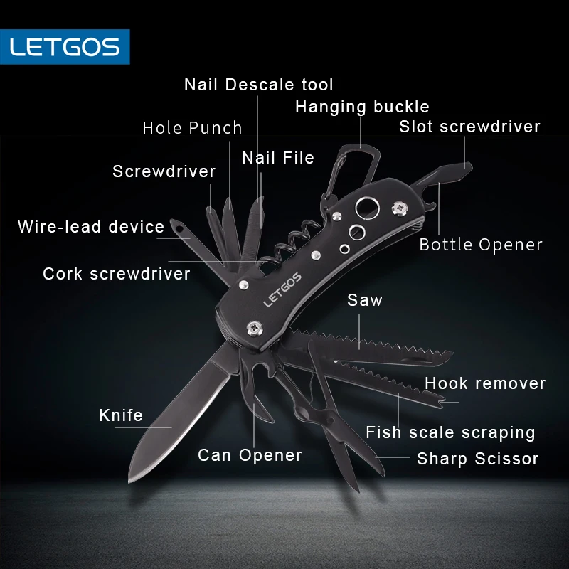 LETGOS Multitool Knife,15 in one folding portable EDC knife,outdoor camping survival pocket tools w/ storage box as gift for men