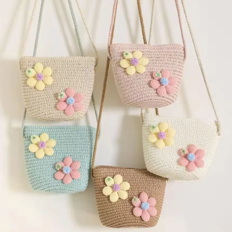 

Соломенная сумка на молнии с цветком для девочек, тканая сумка ручной работы для детей/взрослых, сумка для хранения, кошелек для монет, сумка через плечо, милый реквизит для фотосессии