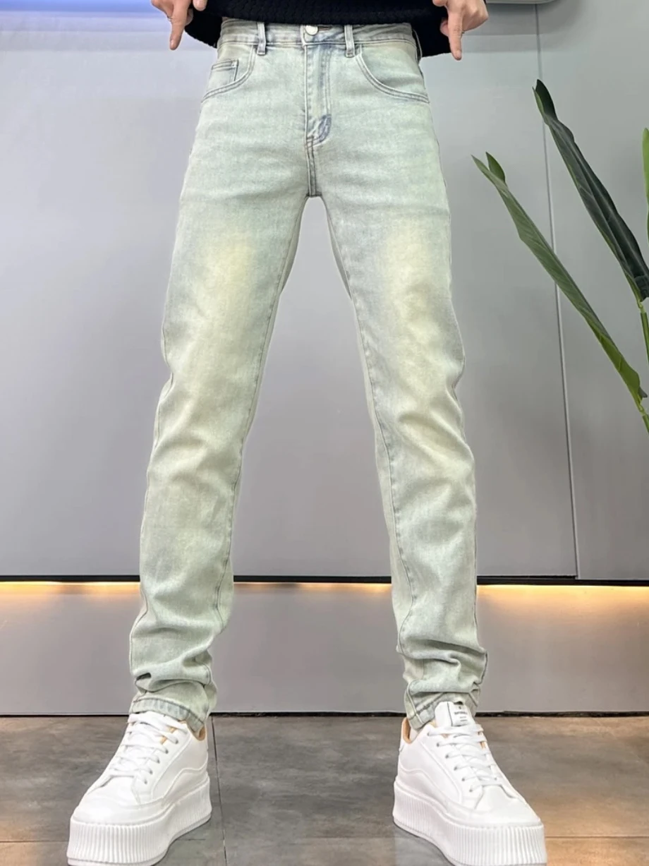 กางเกงยีนส์ผู้ชายสไตล์อเมริกันย้อนยุคทรงสลิมฟิตยืดได้ขาเล็กขายาวแฟชั่นฤดูใบไม้ผลิฤดูใบไม้ร่วงทนทานต่อการสึกหรอสวมใส่สบาย