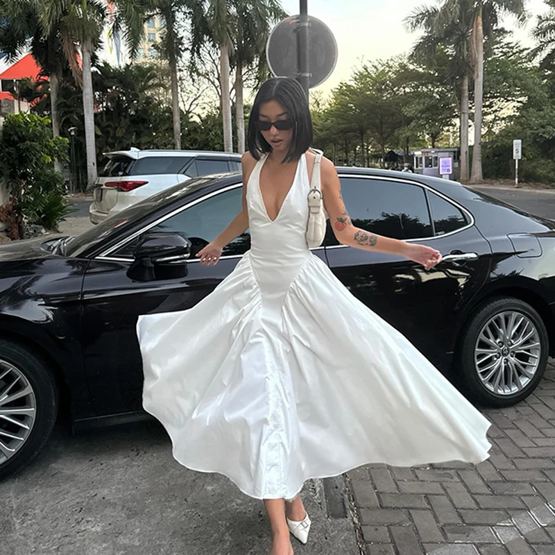 WhereMery Elegant Backless Y2K Dress 2024 Summer Slim Fit Sexy Hanging Neck Long Dress High Street Commuting Evening Dresses