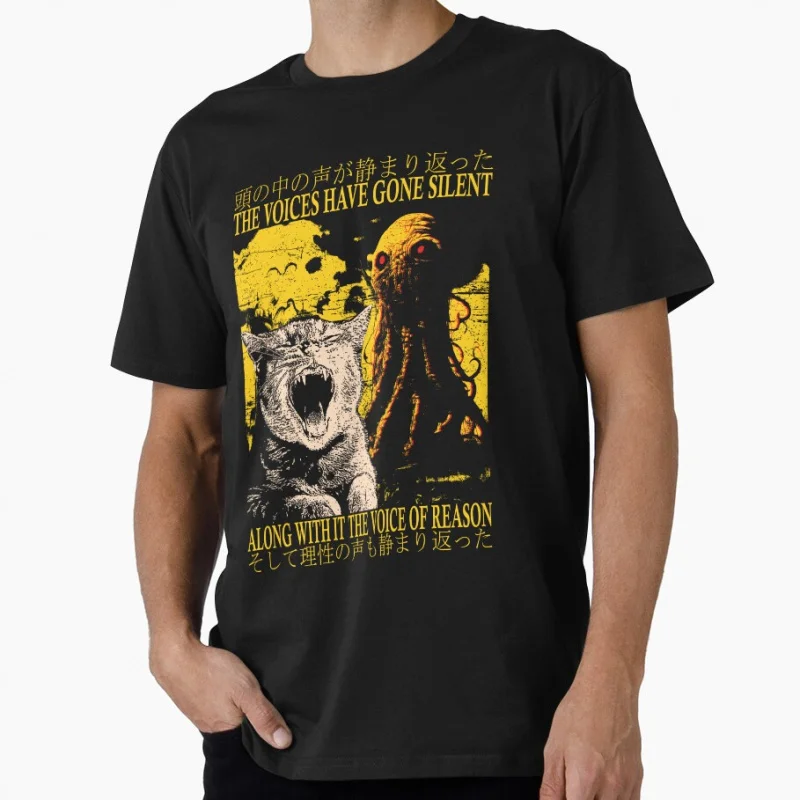 

The Voices Have Gone Silent Cat funny Japanese eldritch horror gift T shirt for men Large size Tops S-6XL 100% cotton tee