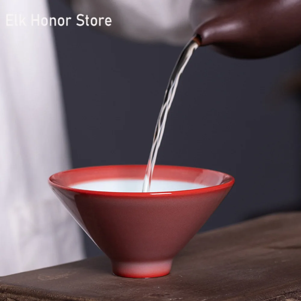 95ml Boutique Longquan Celadon Teacup Handmade Red Galze Ceramic Master Cup Women\'s Hat Cone Tea Bowl Kung Fu Teaware Gift Box