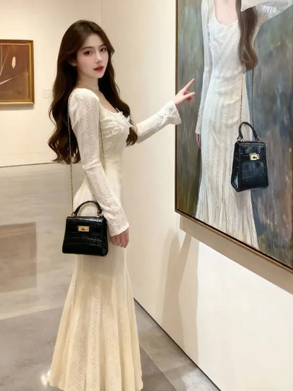 

Ele Lace Long Sve Bodycon Dr Sexy Fi Tail Skirt High Waist Cotton Winter Faion Gentle Sle Urban Commute Date