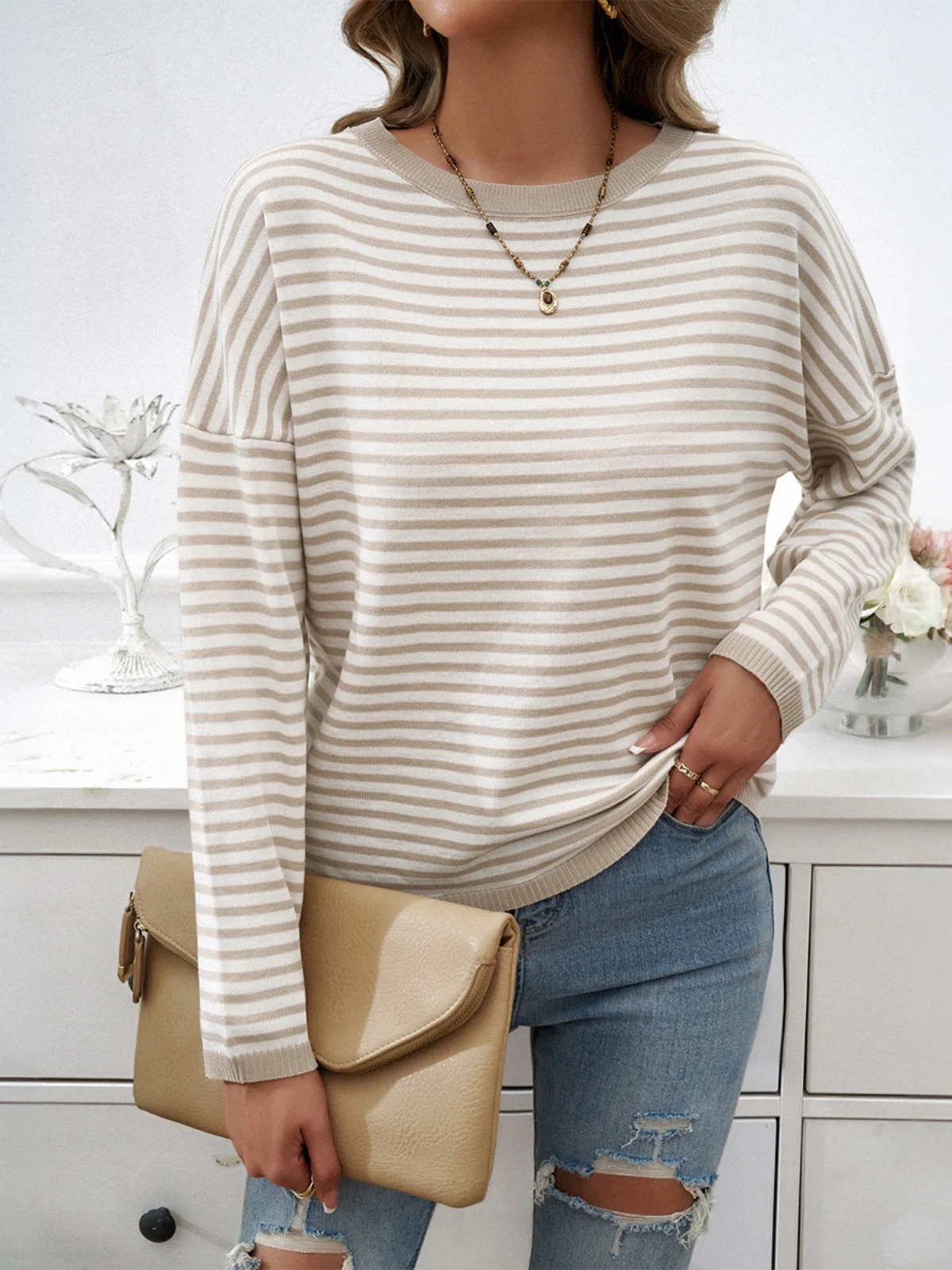 

Sli Casual Striped Long Sve Sweater round Ne Women's Top Polyester Fiber Straight Tube Sle Sweet Sle Two-Piece Set