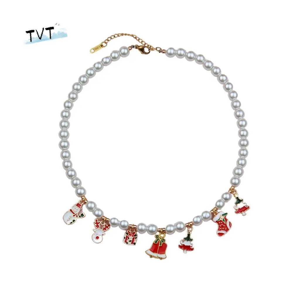 

Sweet Cartoon Christmas Necklace Clavicle Chain Santa Pearl Chain Jewelry Accessories Alloy Cartoon Pendant Choker Women