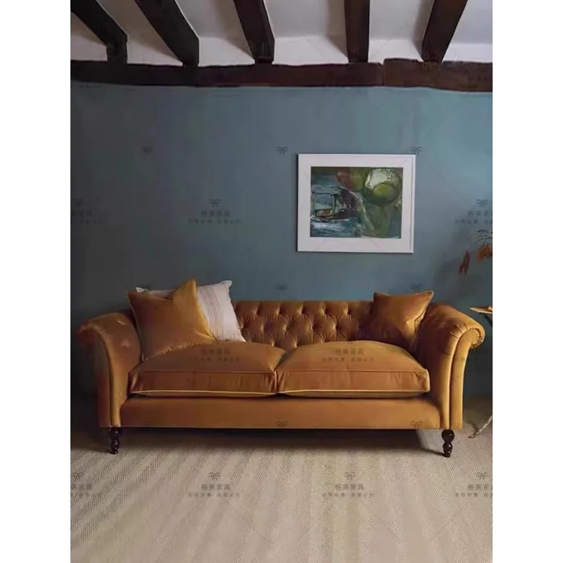 Apartment small apartment living room three-person sofa velvet solid wood caramel color home buckle