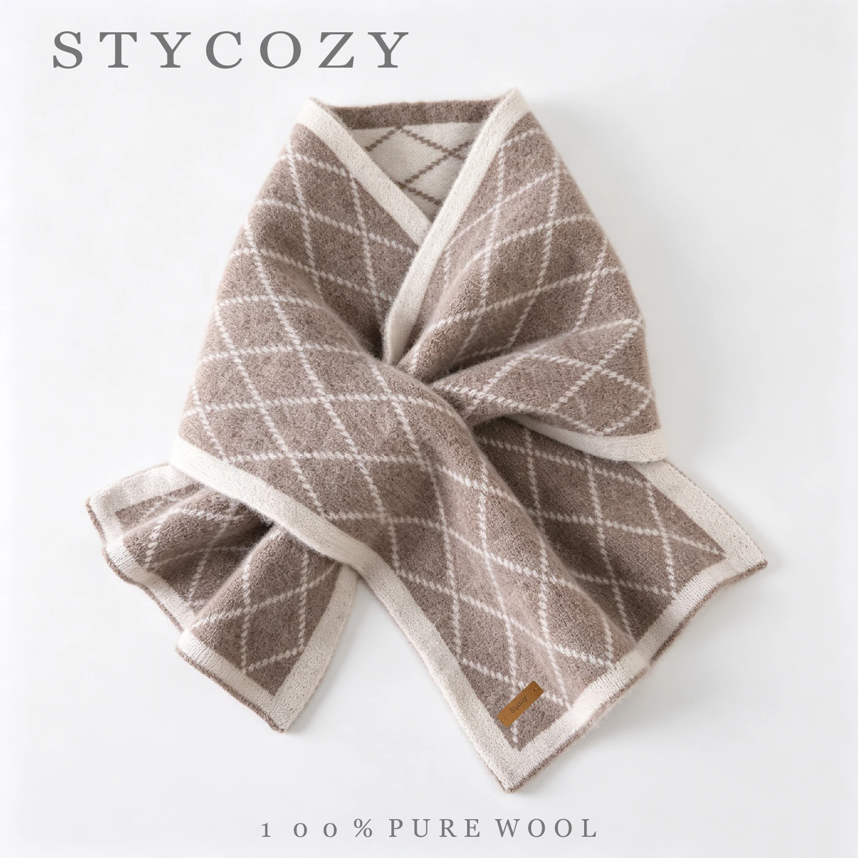 100% Pure Wool Women Diamond Jacquard Neck Warmer Short Pull Through Knitted Cross Neck Scarf Winter Daily warmth Neckerchief