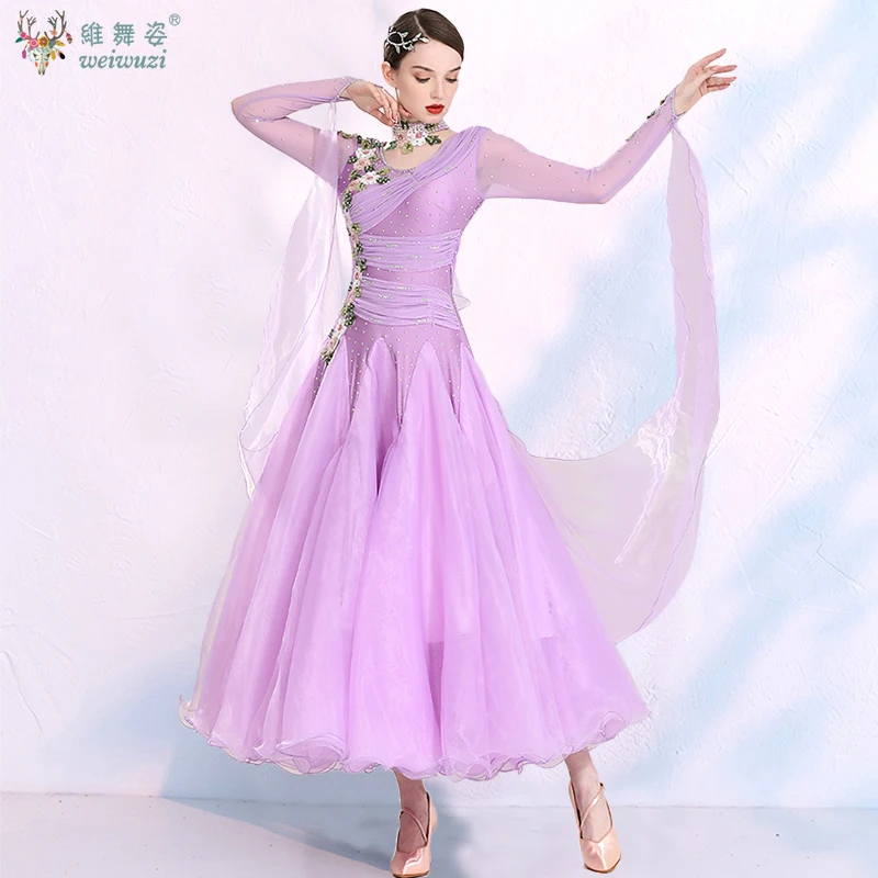 فستان أداء الرقص الحديث خرز مخيط يدويًا أرجواني بأكمام طويلة فستان الفالس التانغو زي البطولة الدولية #2