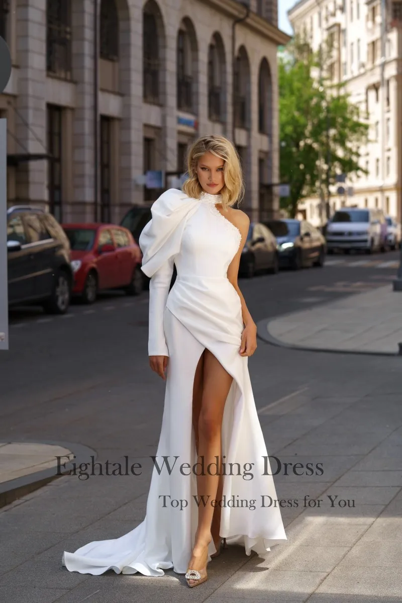 Eightale Elegant Wedding Dress Satin Customized High Neck One Shoulder White Ivory Side Slit Bridal Gown Vestido De Noiva