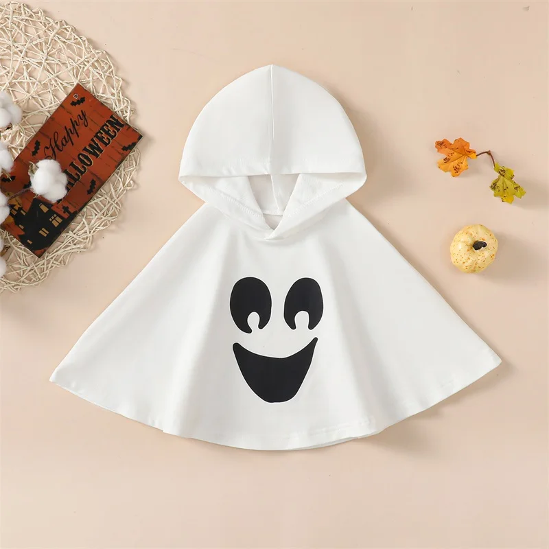 Toddler Baby Halloween Costume Kids Smiley Print Hooded Poncho Cloak Cape Role-playing Cosplay Clothes