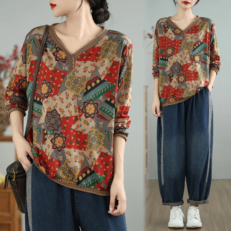 Herbst Neue Lange Sve T-shirt frauen Künstlerische Vielseitige Retro Patchwork Rippen Druck Große Größe Lose V-ne Basis irt Thi...