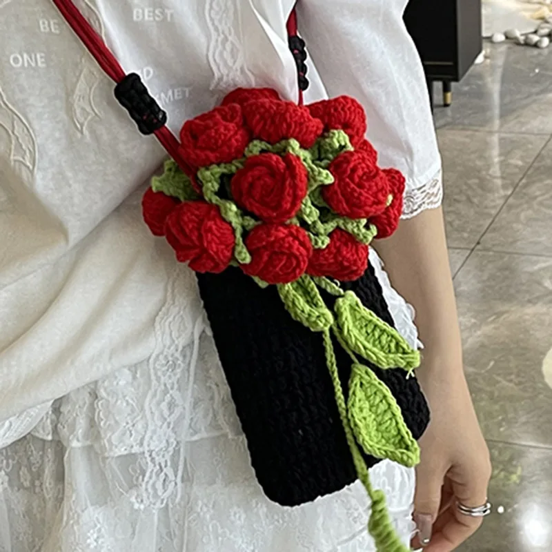 

Bohemian Rose Bouquet woven wrap cotton string hollow knit floral shoulder bag knit large capacity rose beach bucket bag