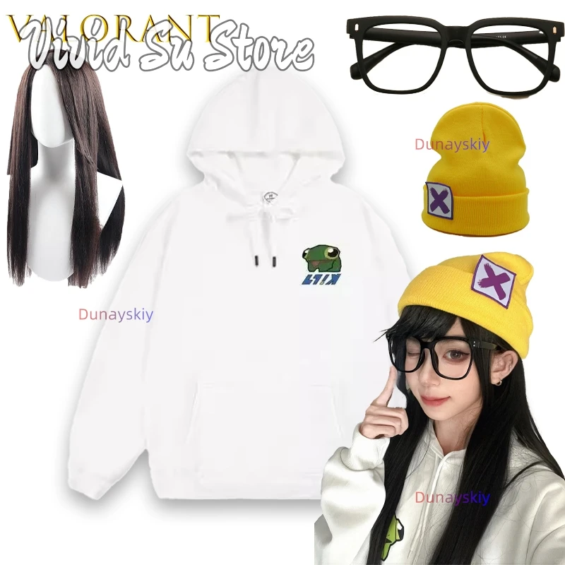 

BVALORANT Killjoy Frog Белая толстовка с капюшоном для косплеяコス Zimowy плюшевый унисекс наряд персонажа аниме на Хэллоуин Ежедневное Рождество