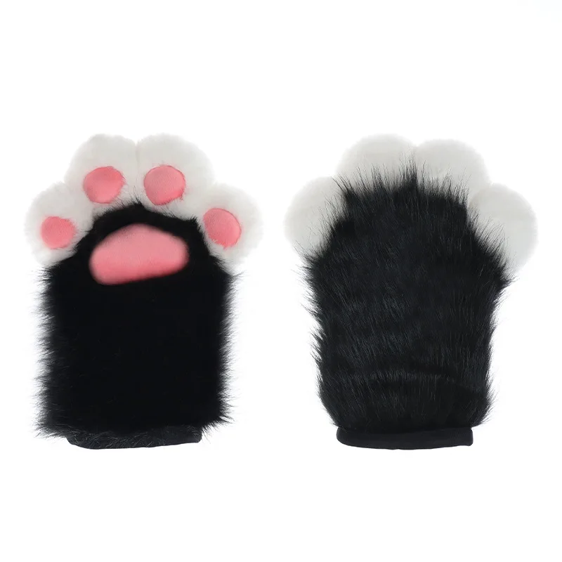 Unisex Plush Cat Paw Meat Pad Gloves Cosplay Props Cute Cartoon Simulation Animal Paw Exposed Finger Gloves Halloween Party