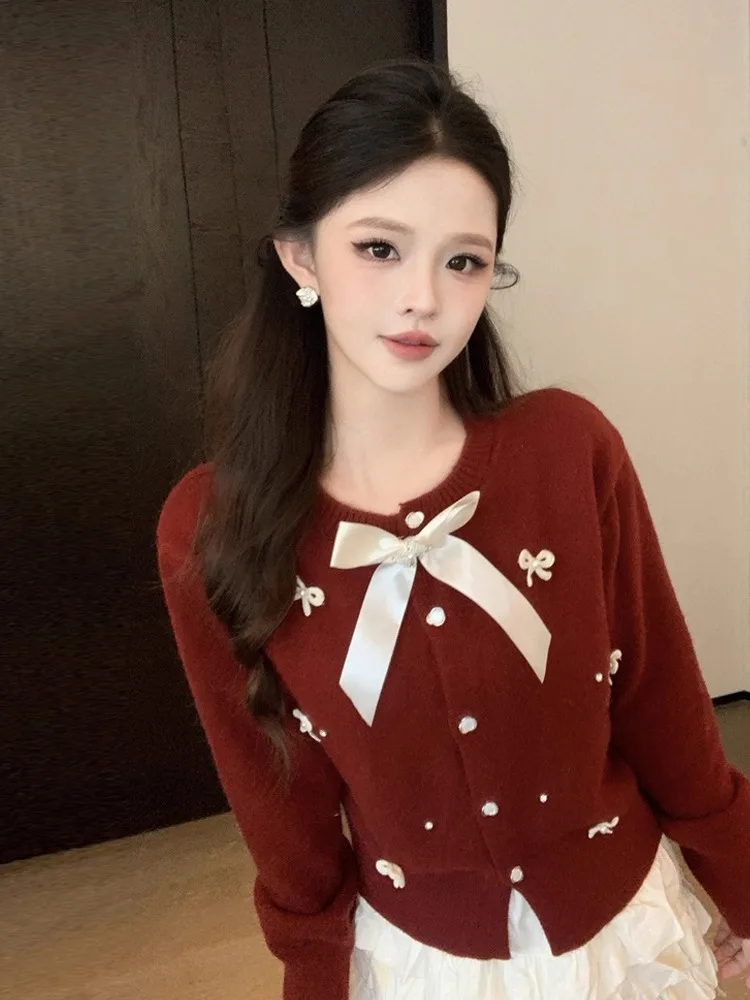 Свитер Cisas с красным узлом, вязаный длинный све, круглый кардиган Ne, милый топ Pure Desire Personali Cisas Theme Top