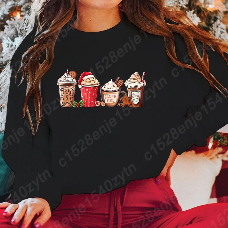 Christmas Coffee Santa Fuel Print Pullover Women Autumn Winter Round Neck Tops Loose Ladies Hoodless Pullovers Casual Sweatshirt