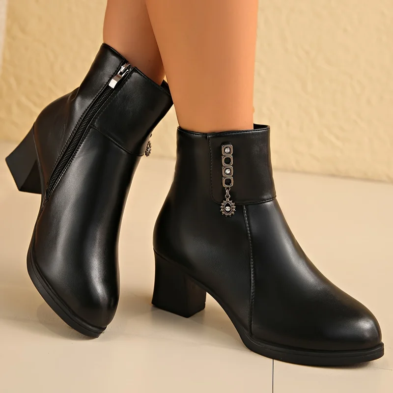 Botas de moda de goma con tacón cuadrado bajo, PU artificial, cortas, de felpa, con cremallera lateral, punta redonda y tacón medio